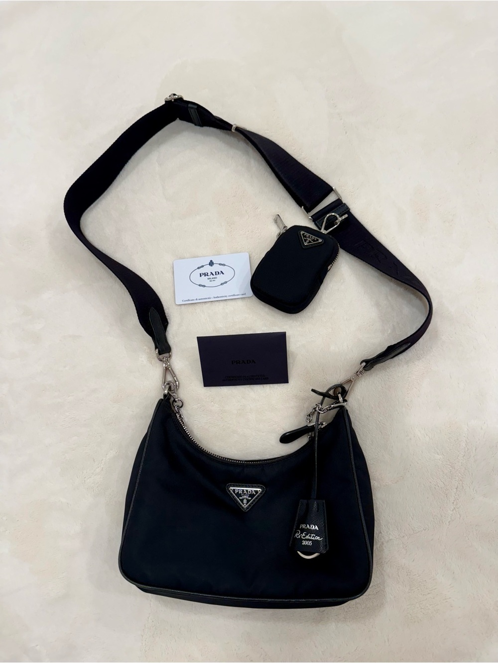 Prada Re-Edition 2005 Re-Nylon Shoulder Bag Black w/ Pouch, Chain & Strap